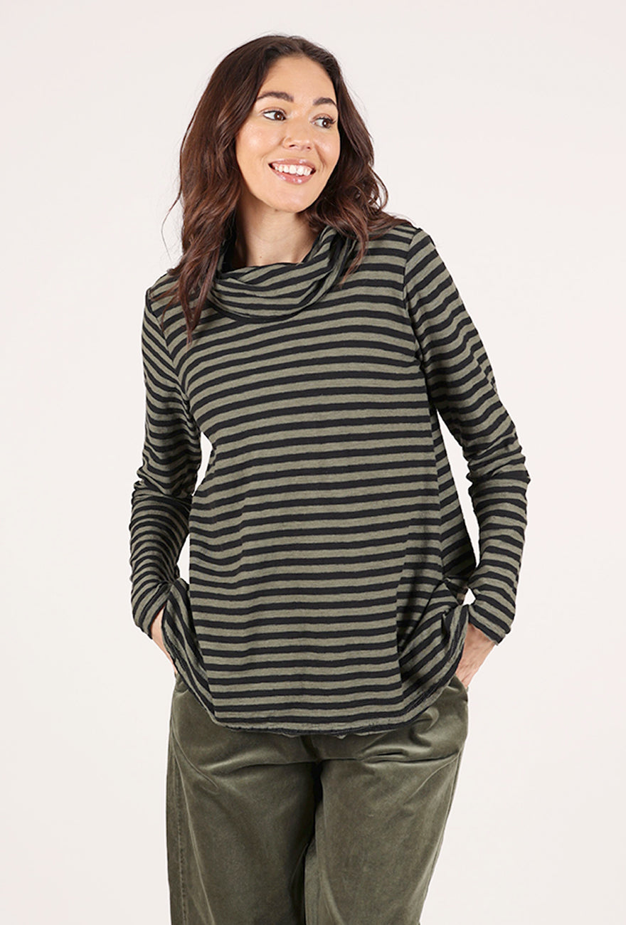 Cut Loose Black Stripe Cowlneck Pullover, Kelp 